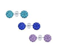 Satz Von 3 Lila Aqua Blauen Pave Kristall Disco Kugel Ohrsteckern Für Frauen Rundes Einfaches Basisdesign .925 Sterlingsilber 8MM Größe