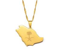 Saudi-Arabien Karte Und Emblem Symbol Gekreuztes Schwert Charm Anhänger Halsketten,Karten Halsketten Amulette Für Damen Und Herren,Hip Hop Style Party Jubiläumsgeschenke,Gold,60 cm Kette