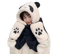 SAUTRV 3-in-1-Kapuzenmütze mit Ohrenklappen, langer Schal, Handschuhe, winddicht, Ski-Reitset, Winter, Plüsch, Ohrenklappe, Schal, Taschenhandschuh, Set, Panda-Thema, Set mit Mützen, a, Einheitsgröße