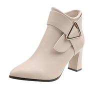 SAUTRV Damen-Stiefel, Frühling, Herbst, Winter, klobiger Absatz, spitzer Zehenbereich, Gürtelschnalle, modisch, schmal, kurze Stiefeletten, Plateau, klobig, hoher Absatz, beige, 40 EU