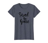 Saved by Grace Kreatives christliches Design T-Shirt, Damen, Blau Meliert, XS