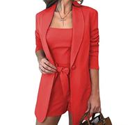 Sawmew 3 Teilige Outfits für Damen, Vorne Offener Langarm Blazer und Kurze Hosenanzug-Sets, Lässiges, Elegantes Business (Color : Red A, Size : L)