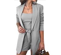 Sawmew 3 Teilige Outfits für Damen, Vorne Offener Langarm Blazer und Kurze Hosenanzug-Sets, Lässiges, Elegantes Business (Color : Light Gray, Size : L)