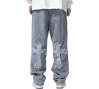 Sawmew Baggy Jeans Bedruckt Herren Jeans Men Hip Hop Jeans Baggy Jeanshose Teenager Jungen Bein Jeans Skateboard Hose Streetwear (Color : Blue, Size : L)