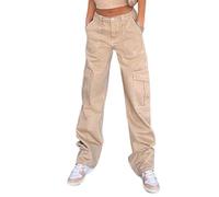 Sawmew Damen Cargohose Baggy Low Waist Cargo Jeans Gerade Breites Bein Denim Hosen Y2k Aesthetic Vintage Jeanshosen 90er Streetwear Jeanshose Straight Leg Pants Loose Fit Boyfriend Pants für Damen (C