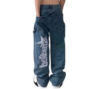 Sawmew Herren Jeans Hosen Y2K Bedruckte Baggy Hip Hop Jeans Gerades Bein Gewaschene Vintage Denim Hosen Teenager Jungen Skateboard Hosen Streetwear (Color : Blue, Size : L)