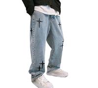 Sawmew Herren Straight Fit Jeans Weites Bein Baggy Stretch Denim Männer Jeanshose Hosen Vintage Casual Lang Streetwear Hip Hop Y2K Hosen (Color : Blue, Size : L)