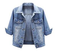 Sawmew Kurzärmlige, Kurz Geschnittene Jeansjacke für Damen, 3/4-Ärmel, Zerrissene Jeansjacken in Distressed-Optik (Color : Light Blue, Size : XXL)