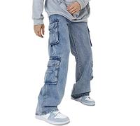 Sawmew Streetwear Mode für Herren, Baggy Jeans Vintage Hip-Hop Stil Gerades Bein Denim Hose mit Mehreren Taschen (Color : Blue, Size : L)