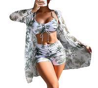 Saymany 3-teilige Anzüge für Damen Badeanzüge Bikini-Sets mit Cover-Ups Strickjacken Damen hawaiianische Bademode Blumendruck rückenfreier Bikini-Badeanzug Bademode-Set Strandponcho