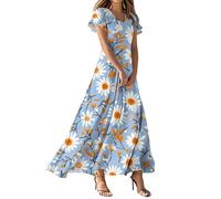 Saymany Abendkleider Elegant Für Hochzeit, Damen Kleider Sommer Strandkleid Casual Blumen Druck V-Ausschnitt Kurzarm Kleid Vintage Bequeme Maxikleid High Waust Maxi Midikleid (2#Orange, S)