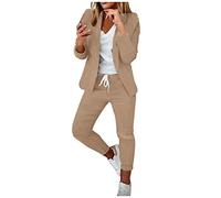 Saymany Damen Blazer Revers Trainingsanzug Hosenanzug Festlich Hochzeit Freizeitanzug Party Outfit Long Oberbekleidung (Khaki, M)