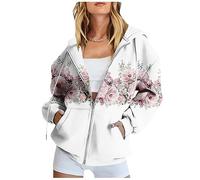 Saymany Damen Jacke Herbst Langarm Kapuzenjacke Weißer Hoodie Oversize Pullover Kapuzenpulli Sport Style Reißverschluss Hoodies Blumenmuster (B White,XXL)