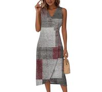 Saymany Damen Kleider, Kleid Kurzarm Sommer Leinenkleid Midikleid Ärmelloses V Ausschnitt Sommerkleid Wickelkleid Druck Sommer Partykleid Strandkleid Knopf Luftig Hohe Taille (2-Weinrot, S)