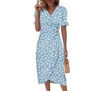 Saymany Damen Sommerkleid, Kleid Leinenkleid Kleider Kurzarm V-Ausschnitt Strandkleid Sommerkleider Blumen Druck Lockere Tailliert Boho Midikleid Knopf Bequme (2-Hellblau, XL)