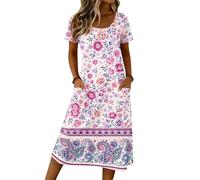 Saymany Damen Sommerkleid, Kleid Rockabilly Kleider Freizeitkleid Polka Dot Rundhals Kurzarm Sommerkleid Lockere Casual Boho Mit Seitentaschen (3-Helles Lila, L)