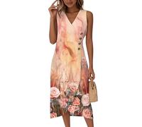 Saymany Elegantes Sommerkleid Damen, Kleid Damen Sommer Elegant Leinenkleid Ärmellos V-Ausschnitt Kleider Blumenmuster Wickelkleid Strandkleid Midikleid Partykleid Knopf Tailliert (2-Orange, XXL)