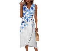 Saymany Elegantes Sommerkleid Damen, Kleid Leinenkleid Damen Midikleid Ärmelloses V Ausschnitt Wickelkleid Druck Sommer Partykleid Strandkleid Knopf Luftig Hohe Taille (1-Hellblau, M)