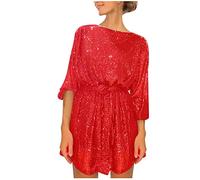 Saymany glitzerkleid Damen V-Ausschnitt Langarm Paillettenkleid Glitzer Kleid Pailletten einfarbige Silvester Kleider Partykleid Slim fit elegant minikleid Abendkleider（B-Rot,L）