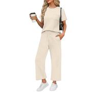 Saymany Hochzeit Outfit Gast Frau Mit Taschen Leichte Kurzarm Und Kurz Hose Hosenanzug Damen Hochzeit Sommer Sommeranzug Fitnessanzug Vintage Knitterfreies Reise Outfit Damen Sportanzug（2-Beige，XXL）