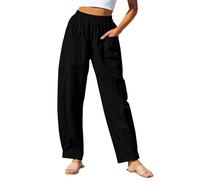 Saymany Hosen Damen Baggy Elegante Kleidung Relaxhose Damen Yk2 Hose 7/8 Strandhose Musselin Hose Damen Damen Hose Sommer Sommerhose Leinen Damen Sommerhose Damen Leicht 7/8(1-Black,XXL)