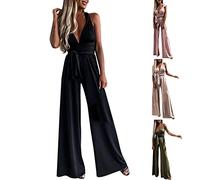Saymany Jumpsuit Damen,Elegant Tiefer V-Ausschnitt Cocktail Party Overalls Sexy Kreuz Rückenfrei Hosenanzug Playsuit Romper Armellos Einteiler Einfarbig Strampler Jumpsuit Damen Elegant für Hochzeit