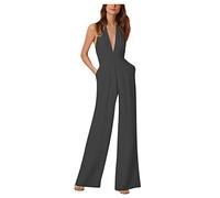 Saymany Jumpsuit Damen Halfter Overall Tiefer V-Ausschnitt Armellos Romper Einteiler Elegant Lang Hosenanzug Rückenfreie Playsuit Einfarbig Strampler Hosenanzug Arbeit Jumpsuits