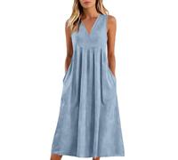 Saymany Kleid Damen Elegant,Sommerkleid Kurzarm Strandkleid Luftig Kleider ÄrmellosFreizeitkleid Locker Midikleid Sommerkleider Leicht Und Strandkleider Frühlingskleider Mit Taschen(Hellblau,L)