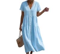 Saymany Kleid Hochzeitsgast Damen,Maxikleid Damen Elegant LeinenkleidFreizeitkleid Kurzarm Midikleid Strandkleid Casual Bequem Sommerkleider Wickelkleid Pitze Patchwork Baumwolle Leinen(Hellblau,L)
