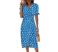 Saymany Kleid Lang, Sommerkleid Damen Ärmelloses Rundhals Musselin V-Ausschnitt Kurzarm Strandkleid Blumendruck Tailliert Curvy Midikleid Sommerkleider Knopf Classic Partykleid (1-Königsblau, L)