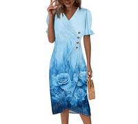 Saymany Kleid Lang, Sommerkleider Damen Musselin Kurzarm V-Ausschnitt Wickelkleid Midikleid Vintage Blumen Druck Leichtes Strandkleid Knopf Klassische Partykleid Abendkleid (1-Hellblau, M)