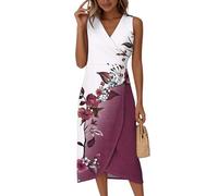 Saymany Kleider Damen, Sommerkleider Damen Knielang Elegant Festliche Für Ärmellos V-Ausschnitt Blumenmuster Wickelkleid Strandkleid Sommer Midikleid Partykleid Knopf Tailliert (2-Lila, XXL)