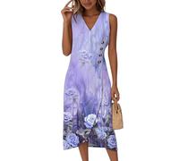 Saymany Langes Sommerkleid Damen, Damen Ärmelloses Rundhals Cocktailkleid Midikleid V Ausschnitt Wickelkleid Druck Sommer Partykleid Strandkleid Knopf Luftig Hohe Taille (3-Lila, S)