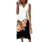 Saymany Leichtes Sommerkleid, Weißes Kleid Sommerkleid Damen Midikleid Ärmelloses V Ausschnitt Wickelkleid Druck Sommer Partykleid Strandkleid Knopf Luftig Hohe Taille (3-Braun, XL)