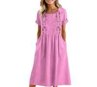Saymany Leinen Kleid Damen, Maxikleid Damen Strickkleid Stickerei Druck Rundhals Sommerkleid Leinenkleid Mit Taschen Kurze Ärmel Baumwoll Kleider Midikleid Plissee Sommer Freizeitkleid (Rosa, S)