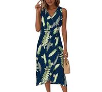 Saymany Leinen Kleid Damen, Midikleid Damen Sommerkleider Leicht Und Luftig V-Ausschnitt Ärmellos Strandkleid Wickelkleid Blumendruck Tailliert Partykleid Sommer Knopf (1-Dunkelgrün, S)