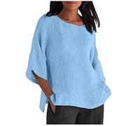 Saymany Leinenbluse Damen Vintage Einfarbig Halber Ärmel Tshirt Baumwolle Leinen Bluse Sommer Tunika Rundhal T-Shirt Locker Blusenshirt Leicht Atmungsaktiv Pullover Tops Damenbluse Hemd Sommershirts