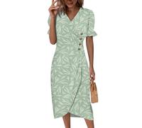 Saymany Luftiges Sommerkleid Damen, Kleider Damen Ballkleider Lang Kurzarm V-Ausschnitt Strandkleid Sommerkleider Blumen Druck Lockere Tailliert Boho Kleid Midikleid Knopf Bequme (1-Grün, M)