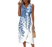 Saymany Midikleid Damen, Damen Tailliertes Midikleid Kleider Ärmellos V-Ausschnitt Blumenmuster Wickelkleid Strandkleid Elegant Sommer Partykleid Knopf Tailliert (3-Himmelblau, XL)
