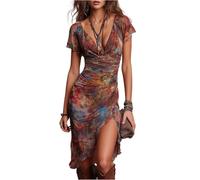 Saymany Mittelalter Kleidung Damen,Kleid Damen Sommer Elegant Abendkleider Für Hochzeit Kleider Kurzarm Curvy Boho Sommerkleid Midikleid Bohemian Partykleid Wickelkleid Unregelmäßige Sexy Strandkleid