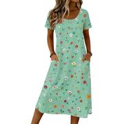 Saymany Mittelalter Kleidung Damen, Kleid Leinenkleid Damen Freizeitkleid Polka Dot Rundhals Kurzarm Sommerkleid Kleider Lockere Casual Boho Mit Seitentaschen (4-Hellgrün, L)