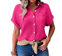 Saymany Musselin Hemd Bluse für Damen Elegant Tuniken Sommer Oberteile Kurzarm Leinenbluse Longbluse Oversized Hemdbluse Lässig Vintage Tshirt für Leggings