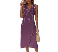 Saymany Sommerkleid Damen, Damen Kurzarm Rundhals Boho Wickelkleid Kleid V-Ausschnitt Ärmellos Strandkleid Blumendruck Tailliert Midikleid Partykleid Sommer Knopf (2-Lila, S)