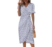 Saymany Sommerkleid Damen Elegant, Kurzarm Sommerkeider Knielange Musselin Kleid Kleider V-Ausschnitt Strandkleid Sommerkleider Blumen Druck Lockere Tailliert Boho Midikleid Knopf Bequme (3-Lila, XL)
