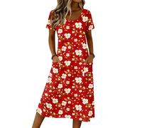 Saymany Sommerkleid Damen Große Größen, Midikleid Strickkleid Freizeitkleid Polka Dot Rundhals Kurzarm Kleider Lockere Casual Boho Kleid Mit Seitentaschen (5-Tiefrot, XXL)