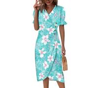 Saymany Sommerkleid Damen Knielang, Elegant Boho Kleidung V-Ausschnitt Kurzarm Strandkleid Blumendruck Tailliert Curvy Midikleid Sommerkleider Knopf Classic Partykleid (3-Cyan, M)