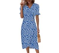 Saymany Sommerkleid Damen Kurz, Leinenkleider Sommer V-Ausschnitt Kurzarm Strandkleid Blumendruck Tailliert Curvy Midikleid Sommerkleider Knopf Classic Partykleid (2-Blau, XXL)