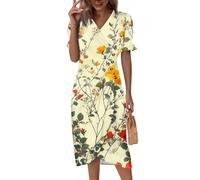 Saymany Sommerkleid Damen Kurz, Wickelkleid Kurzarm V-Ausschnitt Midikleid Vintage Blumen Druck Leichtes Strandkleid Sommerkleider Knopf Klassische Partykleid Abendkleid (3-Gelb, XXL)