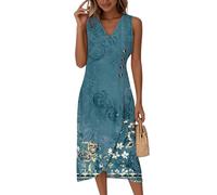 Saymany Sommerkleid Damen Leicht, Baumwolle Kleider Abendkleid Lang Ärmellos V-Ausschnitt Blumenmuster Wickelkleid Strandkleid Elegant Sommer Midikleid Partykleid Knopf Tailliert (1-Himmelblau, XL)