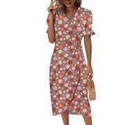 Saymany Sommerkleid Damen Leicht, Kurzarm Rundhals Boho Abendkleid Lang V-Ausschnitt Strandkleid Blumendruck Tailliert Curvy Midikleid Sommerkleider Knopf Classic Partykleid (1-Zinnober, L)